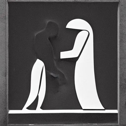 Image similar to by alexander archipenko romantic luminism. a street art of a large, black - clad figure of the king looming over a small, defenseless figure huddled at his feet. the king's face is hidden in shadow. menacing stance, large, sharp claws, dangerous & powerful creature.