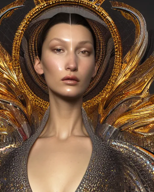 Image similar to a highly detailed metahuman 4 k close up render of a bella hadid in balenciaga monument renaissance in iris van herpen dress schiaparelli in diamonds crystals swarovski and jewelry iridescent in style of alphonse mucha gustav klimt trending on artstation made in unreal engine 4