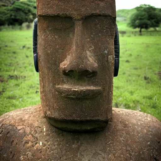 Image similar to a high detail photo of a moai wearing headphones, subject: moai, subject detail: wearing headphones