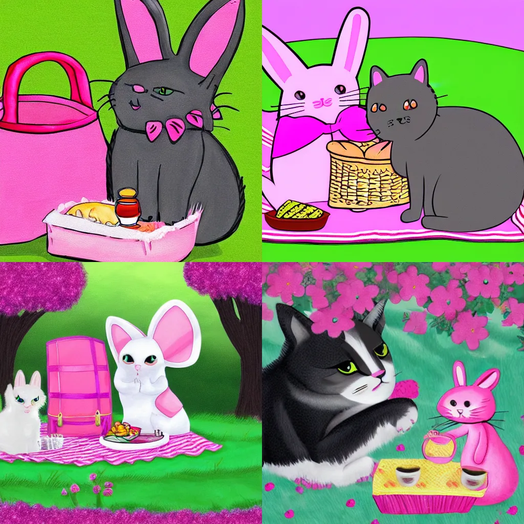 Prompt: A cat and a pink rabbit are having a picnic. Digital art.