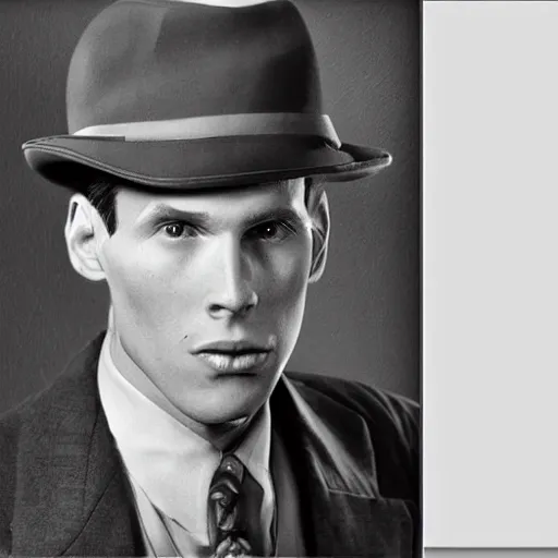 Image similar to A photograph portrait of Jerma985 wearing a suit with and fedora in the 1940s, taken in the early 1940s, grainy, taken on a 940s Kodak Camera, realistic, hyperrealistic, very realistic, highly detailed, very detailed, extremely detailed, detailed, digital art, trending on artstation