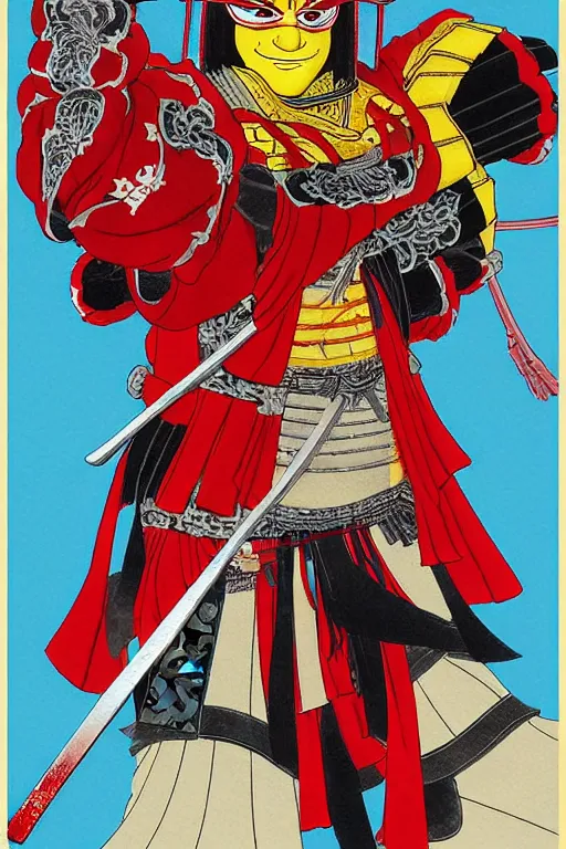 Prompt: poster of ronald mcdonald as a samurai, wearing sengoku - era shogunate armor and helmet, by yoichi hatakenaka, masamune shirow, josan gonzales and dan mumford, ayami kojima, takato yamamoto, barclay shaw, karol bak, yukito kishiro