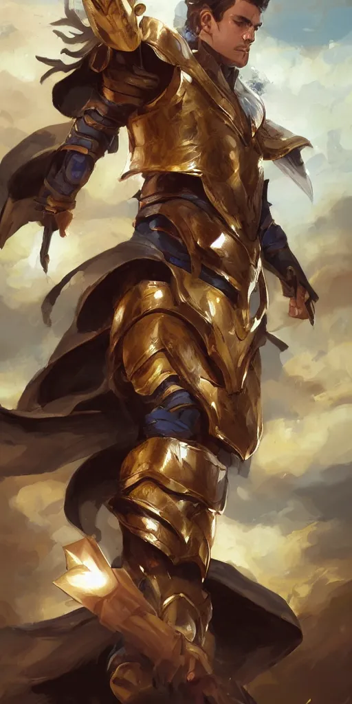 Prompt: candid portrait of handsome crying young man face, brown wavy hair, piercing brown eyes, wearing golden armor and holding a glowing blue spear in the air, portrait, by artgerm, by greg rutkowski, by noah bradley, digital avedon