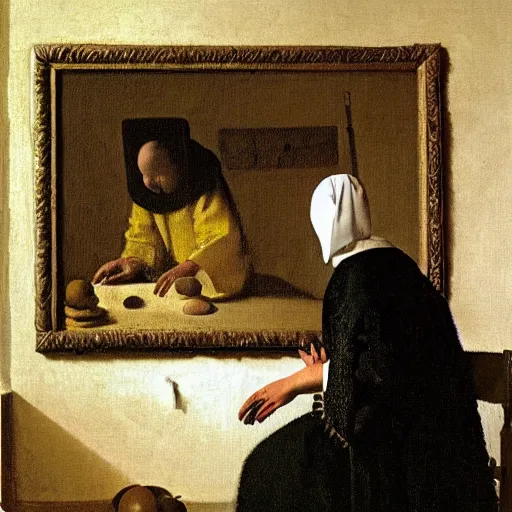 Prompt: Pensive Wizard Examining Eggs, by Vermeer.