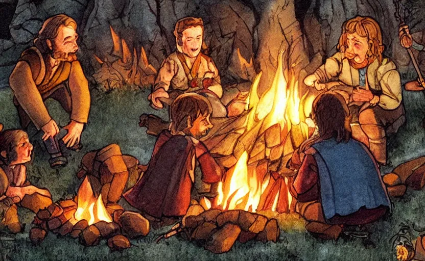 Prompt: childrens book illustration of the fellowship of the ring making s'mores around a campfire