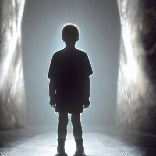 Image similar to movie scene of a glowing boy, menacing, movie still, cinematic composition, cinematic light, criterion collection, reimagined by industrial light and magic, Movie by David Lynch and Ridley Scott