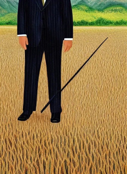 Image similar to a full body portrait of a person looking like donald trump working in rice field in mountains, hot sun, by chinese artists