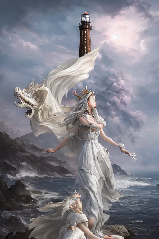 Prompt: a lighthouse in a white dress with a dragon on her head, a marble sculpture by huang guangjian, cgsociety contest winner, fantasy art, detailed painting, intricate, rococo