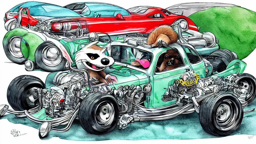 Image similar to cute and funny, racoon riding in a tiny hot rod coupe with oversized engine, ratfink style by ed roth, centered award winning watercolor pen illustration, hyperdetailed isometric illustration by chihiro iwasaki, edited by range murata