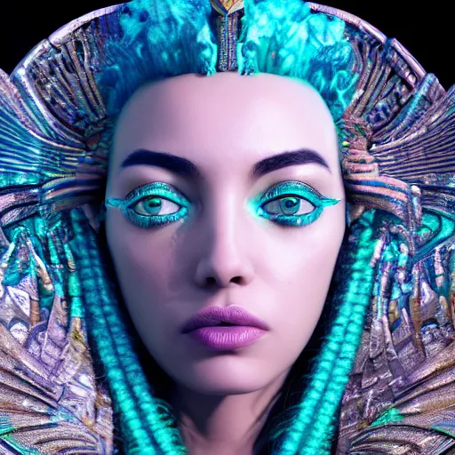 Image similar to unreal engine, octane render, 8 k, sandro botticelli portrait of egyptian sumerian goddess princess intergalactica, nautical siren, queen of heaven, techno mystic goddess, with aqua neon dreadlocks, teal eyebrows encrusted with diamonds, wearing iris van herpen haute couture, star - gate of futurisma,