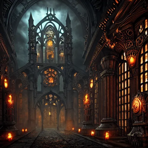 Image similar to steam necropolis, memento mori, gothic, neo - gothic, art nouveau, hyperdetailed copper patina medieval icon, stefan morrell, philippe druillet, ralph mcquarrie, concept art, steampunk, unreal engine, detailed intricate environment, octane render, moody atmospherics, volumetric lighting, ultrasharp, ominous, otherworldly