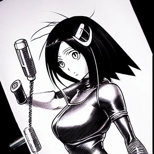 Image similar to alita by yukito kishiro. medium shot. black and white manga. pencil drawing.