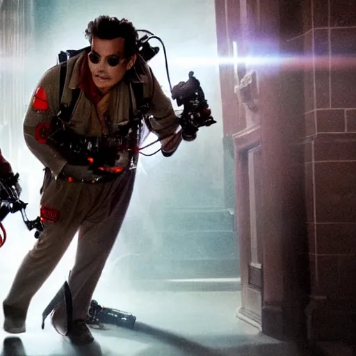 Image similar to stunning awe inspiring johnny depp as a ghostbuster in the movie ghostbusters, highly detailed face, movie still 8 k hdr atmospheric lighting