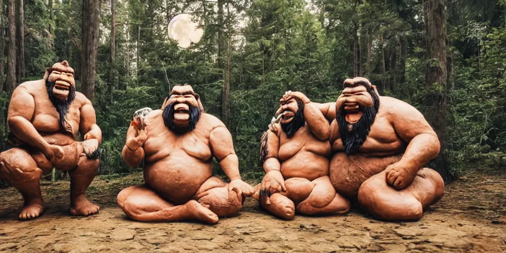 Image similar to photo, three hairy neanderthal people, sumo japanese, eating inside mcdonalds, surrounded by dinosaurs!, gigantic forest trees, sitting on rocks, bright moon, birthday cake on the ground, front view