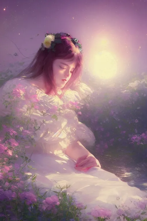 Prompt: a beautiful picture of a girl in lolita sleeps on the flower sea at night, by greg rutkowski and thomas kinkade, trending on artstation