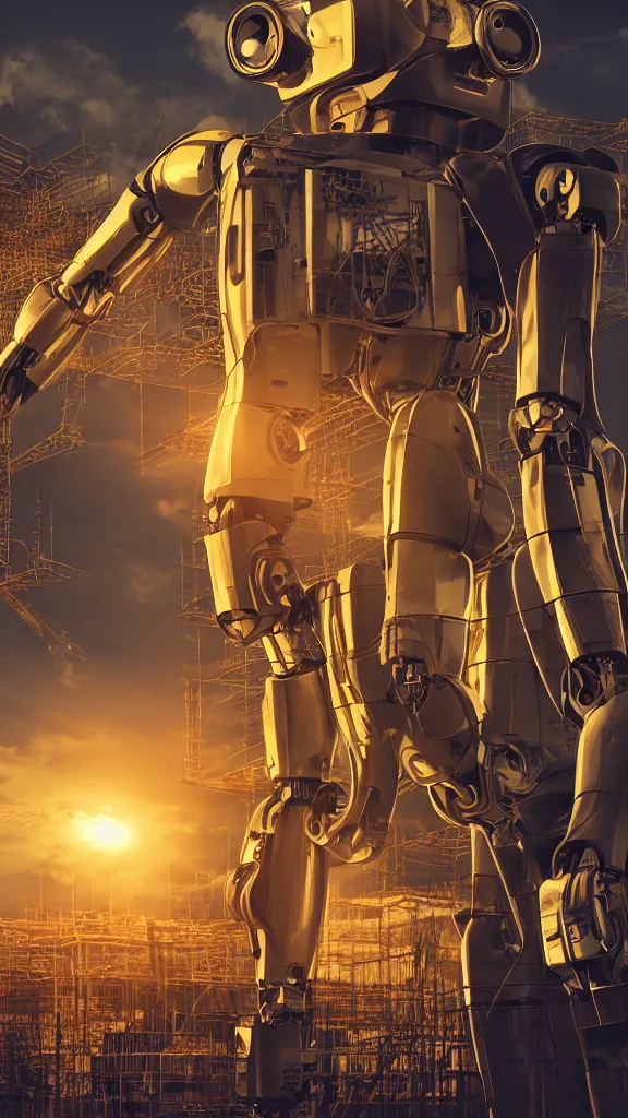 Image similar to robot in construction, character architect, portrait, cinematic, golden hour