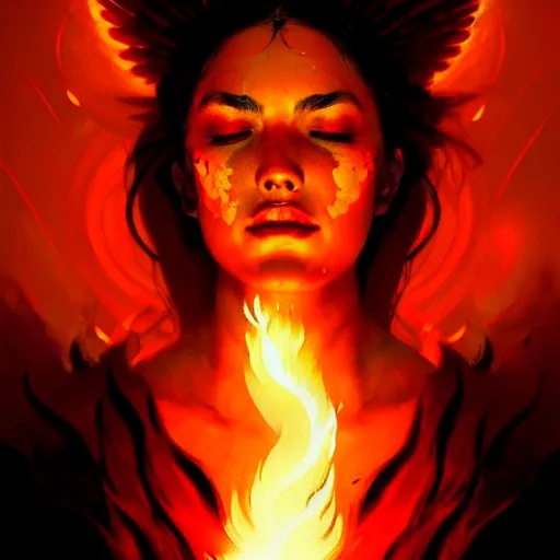 Image similar to a beautiful portrait of a fire goddess with closed eyes by Greg Rutkowski and Raymond Swanland, Trending on Artstation, Flaming Background, ultra realistic digital art