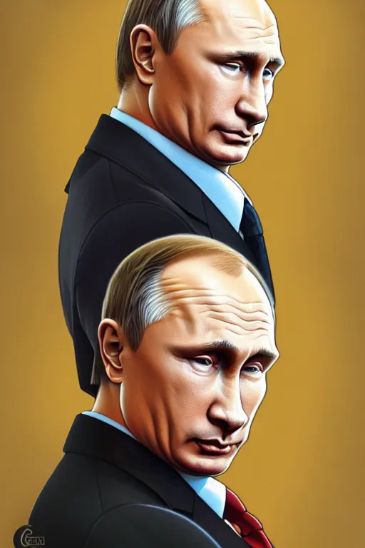 Image similar to vladimir putin as the simpsons character, realistic portrait, symmetrical, highly detailed, digital painting, artstation, concept art, smooth, sharp focus, illustration, cinematic lighting, art by artgerm and greg rutkowski and alphonse mucha