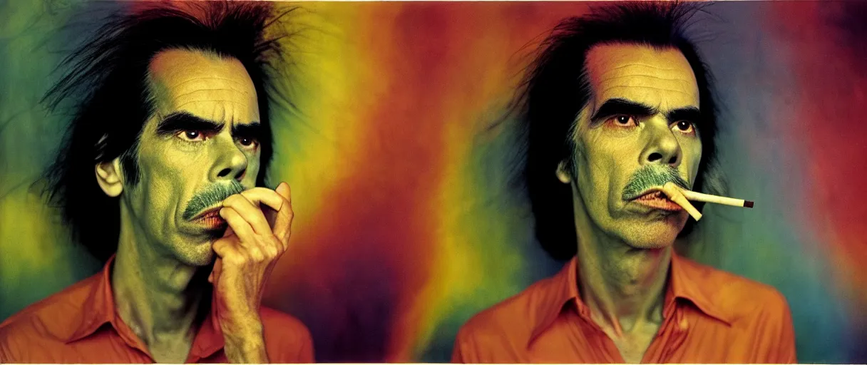 Image similar to award winning photo of NICK CAVE smoking DMT, vivid colors, happy, symmetrical face, beautiful eyes, studio lighting, wide shot art by Sally Mann & Arnold Newman