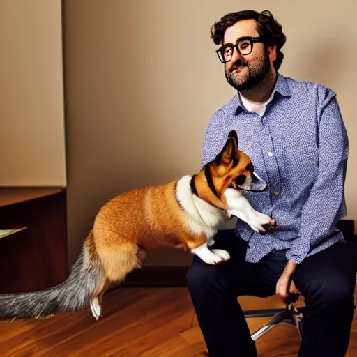 Prompt: slim Eric Wareheim with a corgi in an office, hyperrealistic, RPG portrait, ambient light, dynamic lighting, golden hour