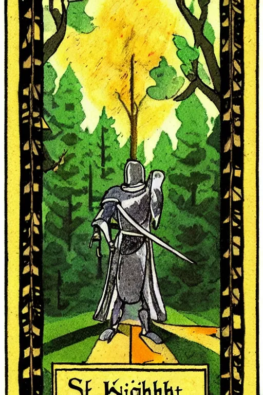 Prompt: tarot card of a shining knight that is lost in the woods and is followed by a shade