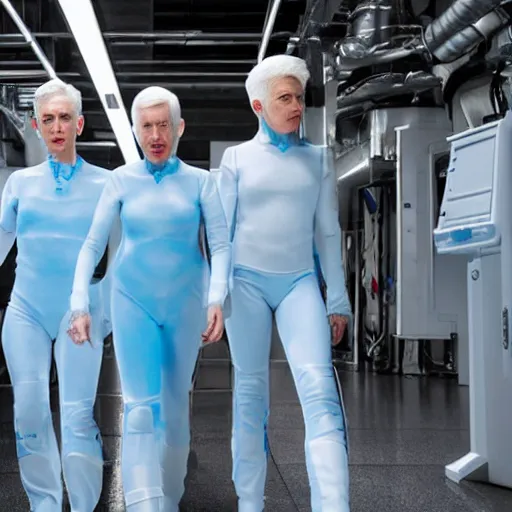 Prompt: troop of annie lennox women with white hair, white hair, tight light blue neopren suits, futuristic production facility, sci - fi, highly detailed, cinematic