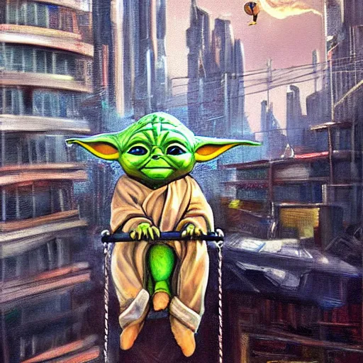 Image similar to masterful oil on canvas painting, eye - level view, medium - shot, baby yoda is at the busy school playground in a cyberpunk city. baby yoda smiles and plays on a swing set. golden hour. realism, detailed, depth, chiaroscuro, limited color palette. in the background some balloons float in the sky. mandalorian ( tv ).