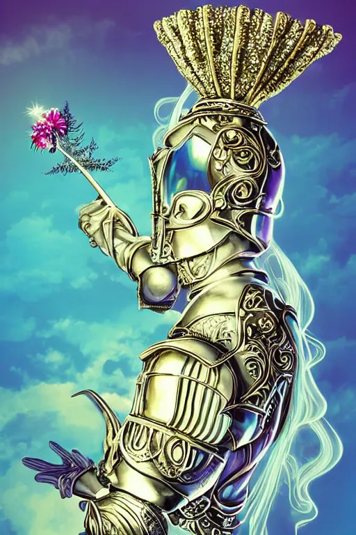 Prompt: pearlescent retrofuturistic digital airbrush illustration of a knight wearing an ornate chrome headpiece and holding a flower with a landscape and sky in the background by luigi patrignani