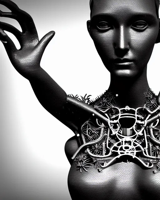 Image similar to mythical black and white organic bio-mechanical stick figure. Waving an axe into the camera. detail of mechanical beautiful female angelic-vegetal-cyborg, highly detailed, intricate steampunk ornate, poetic, 3D render, digital art, octane render, 8K artistic photography, photo-realistic, by Dora Maar