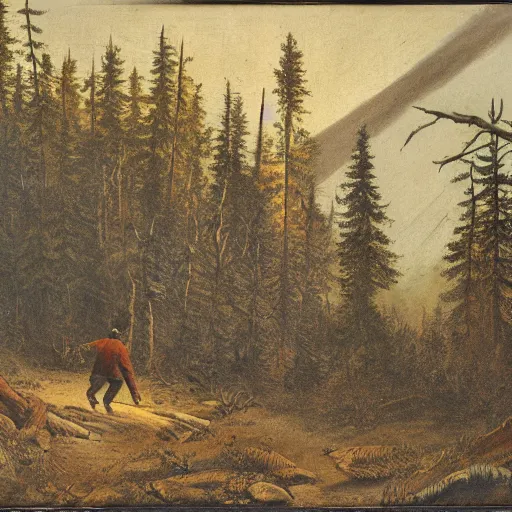 Image similar to hunter alone in the wilderness, running from forest fire, boreal forest, 19th century