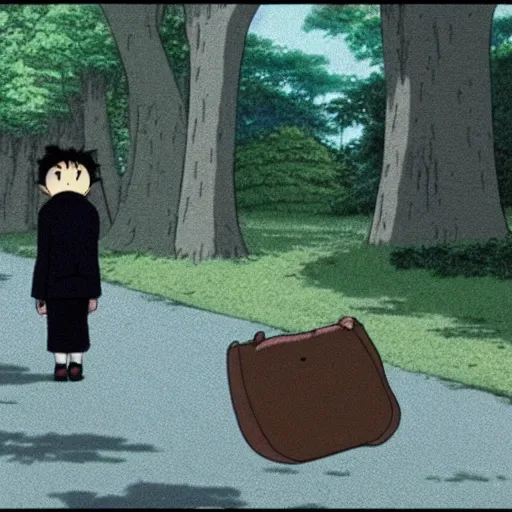 Prompt: still from studio ghibli movie My Neighbor Totoro, Hayao Miyazaki,barn owl in a black suit wearing an office bag going to the office