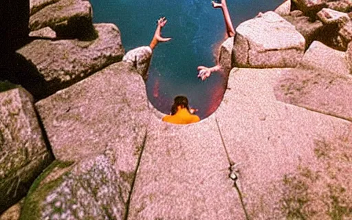 Image similar to a cliff jumping into waters that are a portal to a different dimension, film still by Wes Anderson