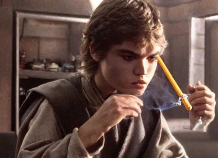 Image similar to anakin skywalker smoking a bong in the basement