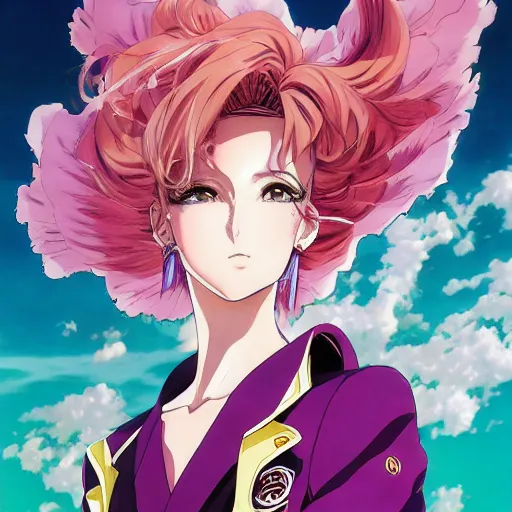 Image similar to Magazine Cover Anime key visual of a Gucci girl; official media; typography; drawn by Hirohiko Araki; Jojo's Bizarre Adventure; Jojolion, portrait, made by Stanley Artgerm Lau, WLOP, Rossdraws, James Jean, Andrei Riabovitchev, Marc Simonetti, Yoshitaka Amano, ArtStation