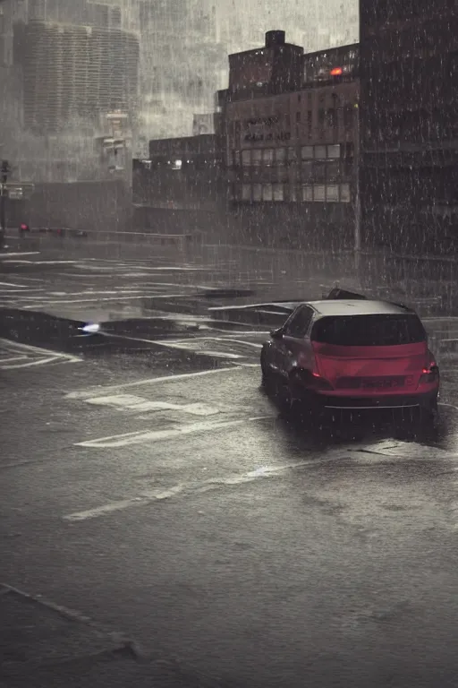 Prompt: Photo of a man sitting on the car roof in the heavy rain at the city that sank, hyper realistic, outdoor lighting, dynamic lighting, volumetric, wide angle, anamorphic lens, go pro, 4k