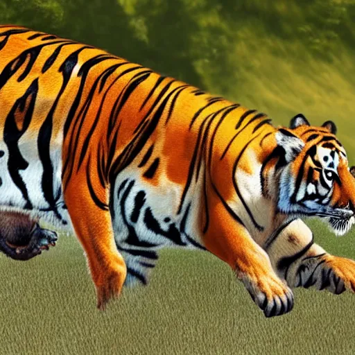 Image similar to A very detailed photorealistic image of a cow sneaking around a tiger unnoticed, to scare the tiger away by mooing into tiger's ear unexpectedly.