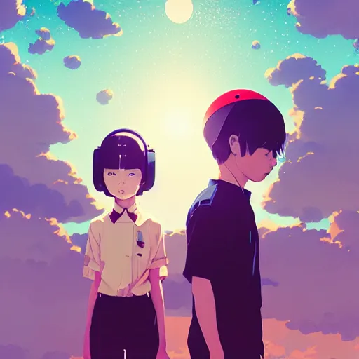 Prompt: portrait of boy and girl with astronaut helmets by ilya kuvshinov, cloudy sky background lush landscape ln illustration concept art anime key visual trending pixiv by victo ngai fanbox by greg rutkowski makoto shinkai takashi takeuchi studio ghibli