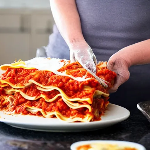 Image similar to woman cutting a lasagna in pieces