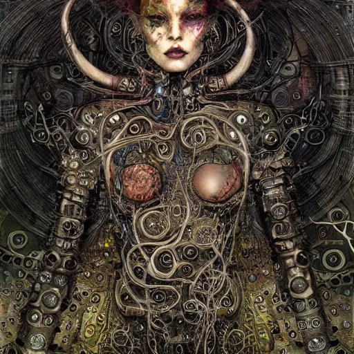 Prompt: horned cybernetic demon trapped in circuitry, intricate detail, klimt, royo, whealan,