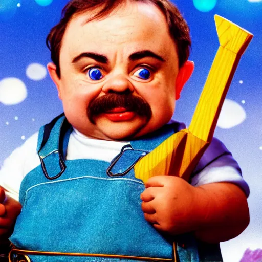 Image similar to a pudgy dwarf wearing blue overalls with a pocketful of gems holding a pickax, high resolution film still, HDR color, movie by Wolfgang Petersen and Peter Jackson