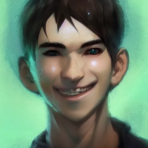 Image similar to An anime portrait of a smiling man with very short black hair, brown eyes with green speckles, stubble, wearing a shirt, medium shot, whole head, by Stanley Artgerm Lau, WLOP, Rossdraws, James Jean, Andrei Riabovitchev, Marc Simonetti, and Sakimi chan, trending on artstation