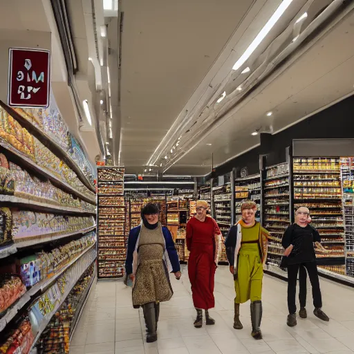 Image similar to professional photograph of a group of ancient Roman soldiers walking around inside of a contemporary grocery store, 8k, dslr, cinematic,