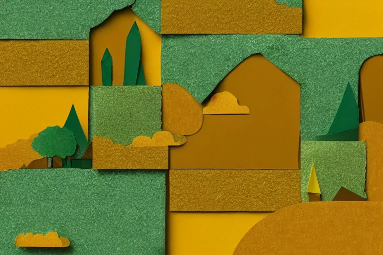 Image similar to paper craft, green textured hills and yellow sun graphic with white clouds and a colorful brick road, behance