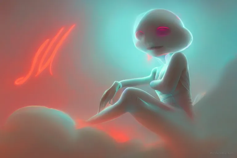 Prompt: a cute alien girl sitting on a cloud relaxing, misty, glows, digital painting, hazy, foggy, red lighting, ambient lighting, 8 k, neon, synthwave, cyberpunk,