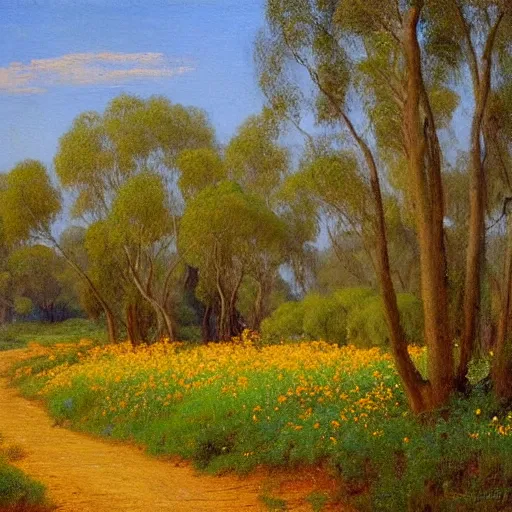 Prompt: a painting of a dirt road surrounded by eucalyptus trees and california golden poppies, woodland hill in the distance. an oil painting by Julian Onderdonk, featured on deviantart, australian tonalism, pre-raphaelite, impressionism, detailed painting