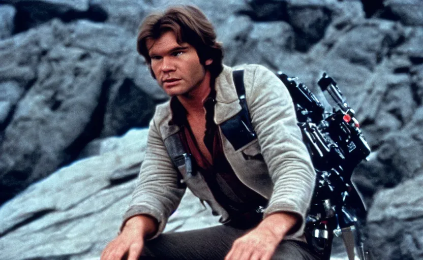 Image similar to screenshot portrait of Han Solo on a city cliff, cinematic scene from 1970s film by Stanley Kubrick, iconic, retro design, serene, stunning cinematography, hyper-detailed, sharp, anamorphic lenses, kodak color, 4k, stunning