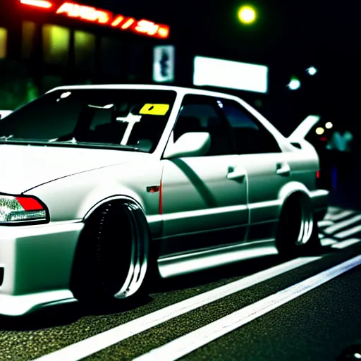 Image similar to a car JZX100 turbo drift at illegal car meet, shibuya prefecture, midnight mist streetlights, color grade, photorealistic, highly detailed wheels, highly detailed