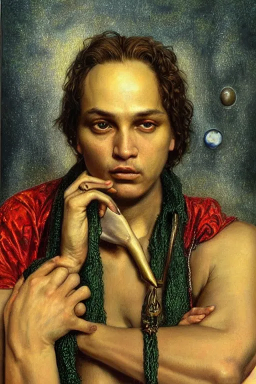 Prompt: hyper realistic portrait painting of frank dillane with intrincate detail, golden ornaments, and detailed face by godward, gustav moreau, saturno butto, boris vallejo, austin osman spare and david kassan, by bussiere. in romantic style, occult art, occult diagram, red and green color scheme.