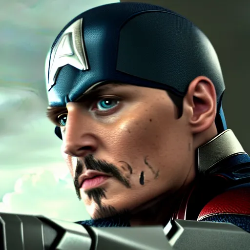 Image similar to an avengers movie still of johnny depp as captain america, 4 k, cinematic