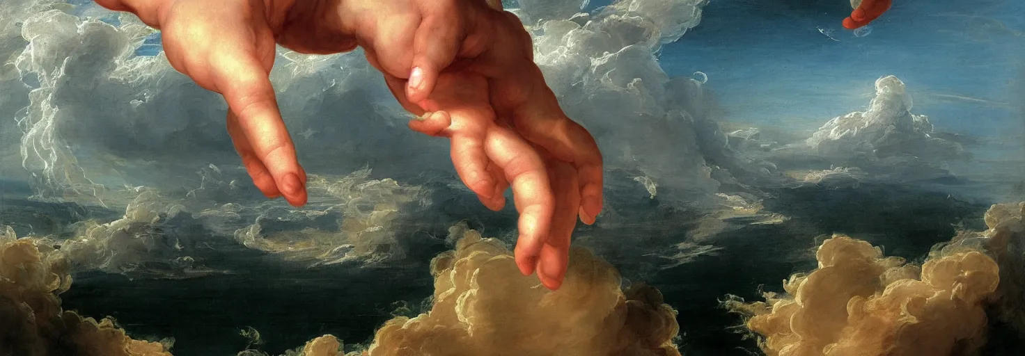 Image similar to a painting of a hand descending from the clouds demanding payment, in the style of an epic Thomas Cole painting